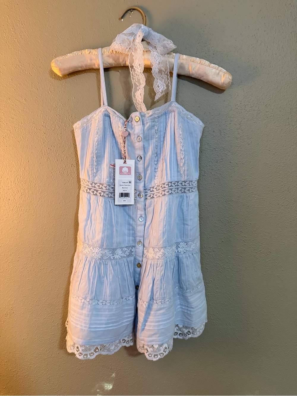 Girls Love Shack Fancy NWT Lace-Trim Strappy dress in Light Blue with Ribbon